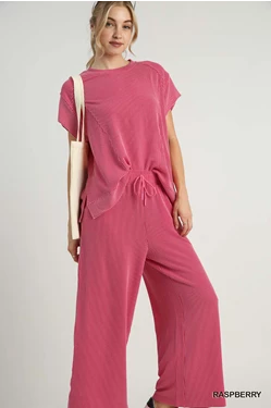 Raspberry Textured Short Sleeve Top and Straight Fit Pant Set - Be You Boutique